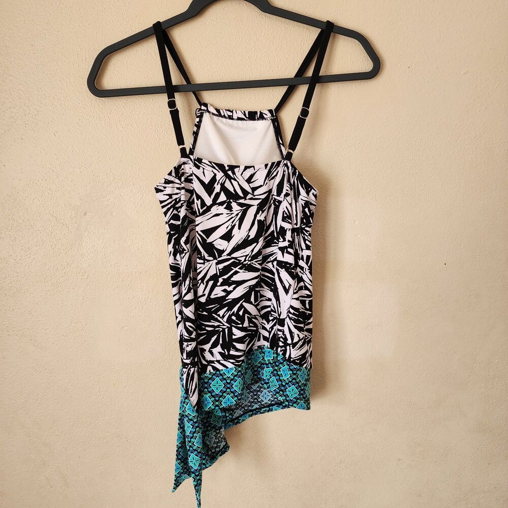 Coastal Blue XS Asymmetrical Blouson Tankini Top Palm Leaf Sharkbite Tropical
